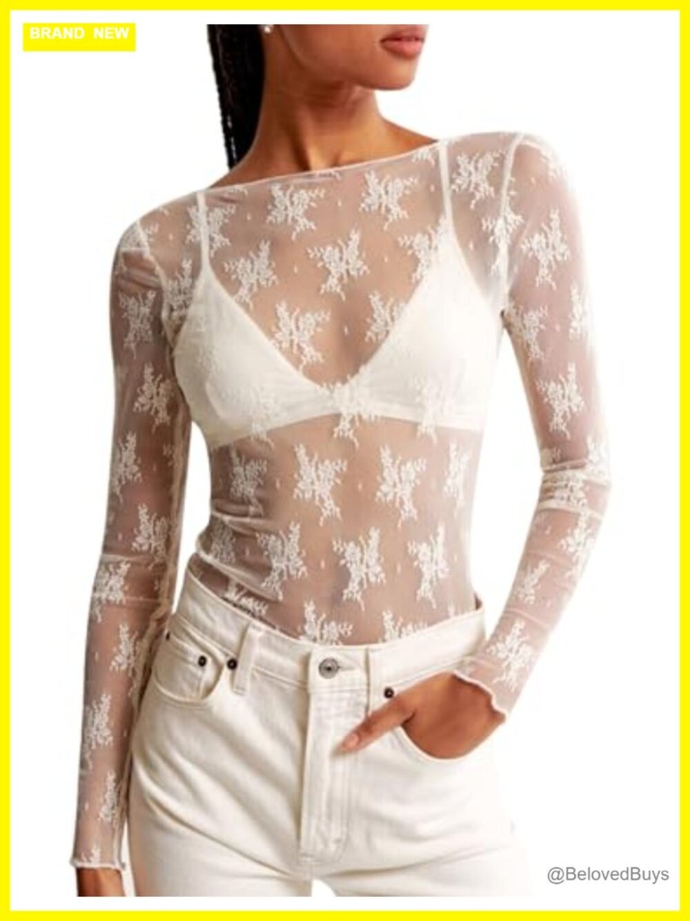 Womens Lace Mesh Long Sleeve Boat Neck Sheer See Through Blouse Top